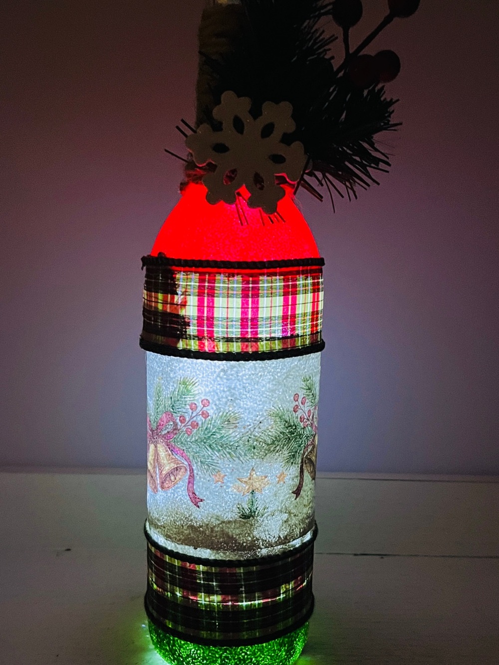 Holiday Plaid LED Bottle Ornament - Red and Green